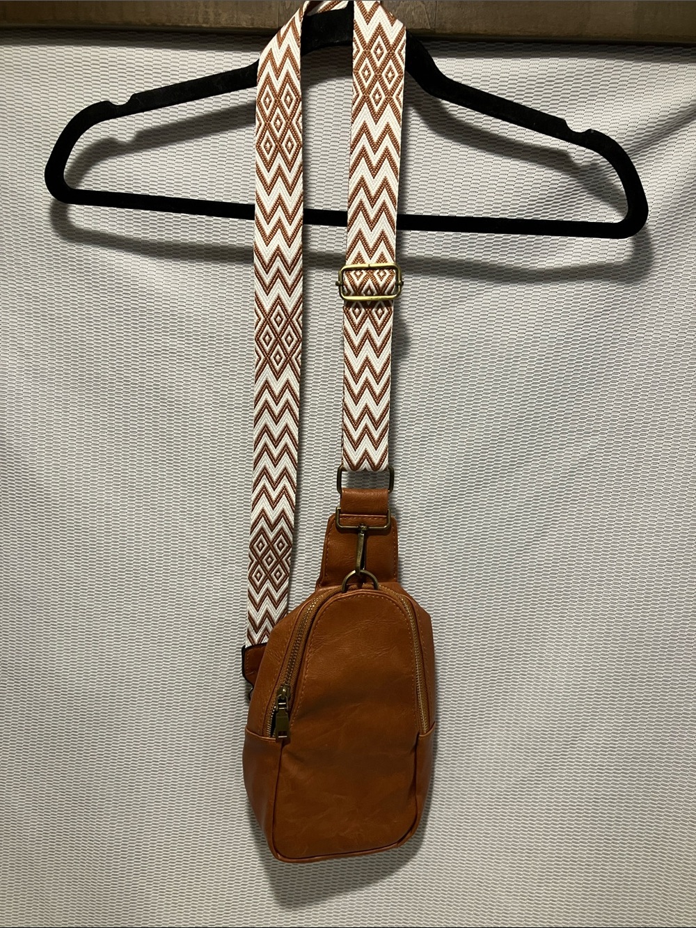 Men's Tan Leather Sling Bag with Patterned Strap